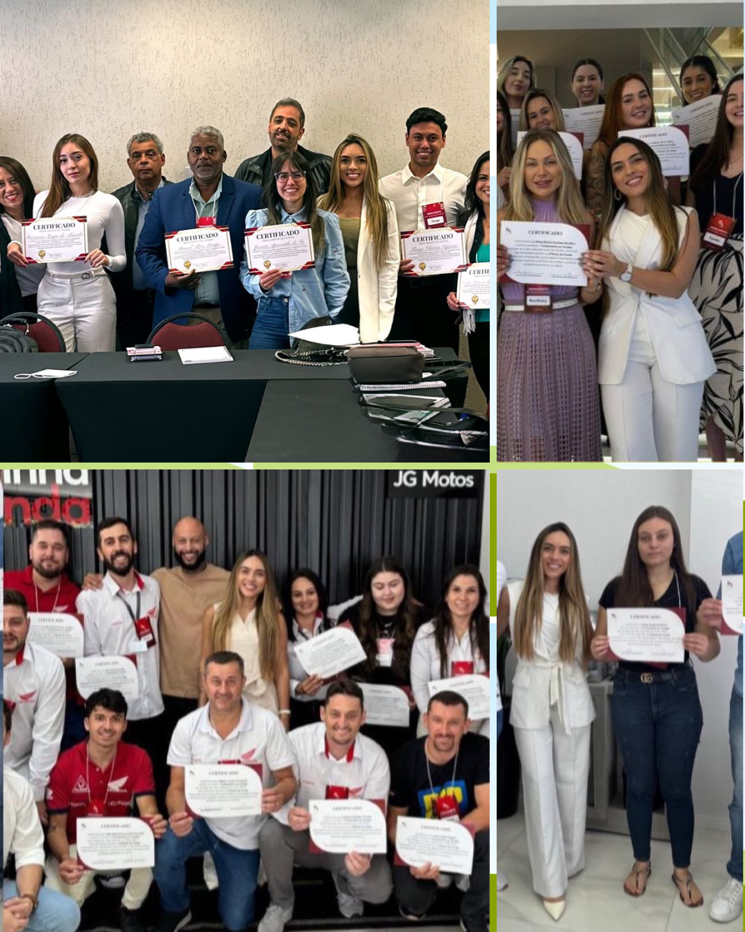Mosaico de fotos de turmas treinadas por Bruna Garrefa, segurando seus certificados de conclusão